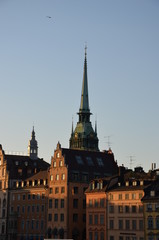 Fototapeta premium Stockholm with its sights Gamla Stan (Old Town), the streets of which are paved with bricks, and the buildings are painted in reddish yellow.