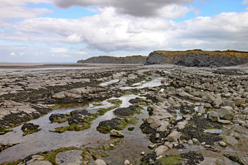 Rocks on Kilve beach near East Quantoxhead in Somerset, England. Stratified layers of rock date back to the Jurassic era and are a paradise for fossil hunters.