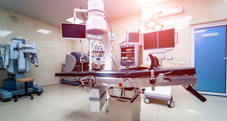 Modern equipment in operating room. Medical devices for neurosurgery. Background. Operating theatre. Selective focus.