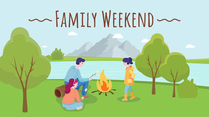 Family at summer picnic spending time together outdoor nature near the lake vector flat illustration.