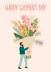 International Women s Day. Vector template with cute man with bouquet of flowers
