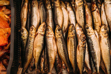 Close-up smoked fish on store shelves
