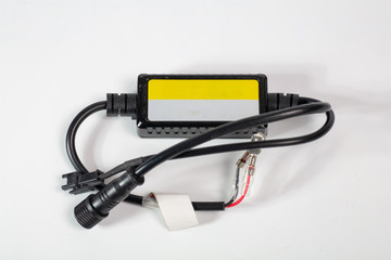 Light bulbs for car lamps. Automotive part in Silvery metallic and black color with wires and connecting elements