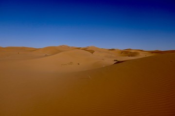 Fototapeta na wymiar Sand dune with interesting shades and texture before desert landscape in Sahara during midday sun, Morocco, Africa