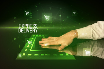 Online shopping with EXPRESS DELIVERY inscription concept, with shopping cart icons