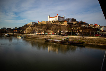 Fototapeta na wymiar Bratislava, Bratislava / Slovakia - 01 01 2020: Bratislava castle, UFO Observation Deck, Danube on the first day of 2020