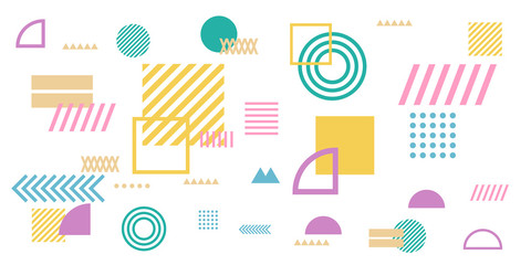 Memphis simple colorful yellow green pink abstract circle line rectangle box arrow cross mountain river pie egypt basic shape background for shirt. Suit for pattern and presentation background.
