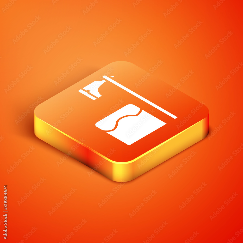 Poster isometric executioner axe in tree block icon isolated on orange background. hangman, torturer, execu