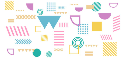 Memphis simple colorful yellow green pink abstract circle line rectangle box arrow cross mountain river pie egypt basic shape background for shirt. Suit for pattern and presentation background.