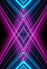 Dark background, blue and pink neon lines. Symmetric reflection of geometric shapes. Rays and lines, abstract light.