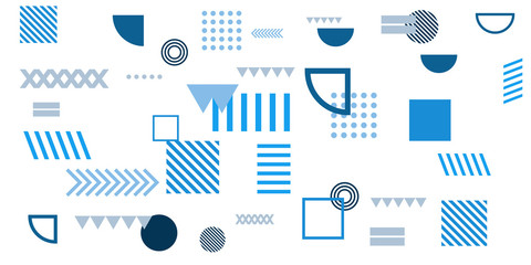 Memphis simple blue abstract circle line rectangle box arrow cross mountain river pie egypt basic shape background for shirt. Suit for pattern and presentation background.
