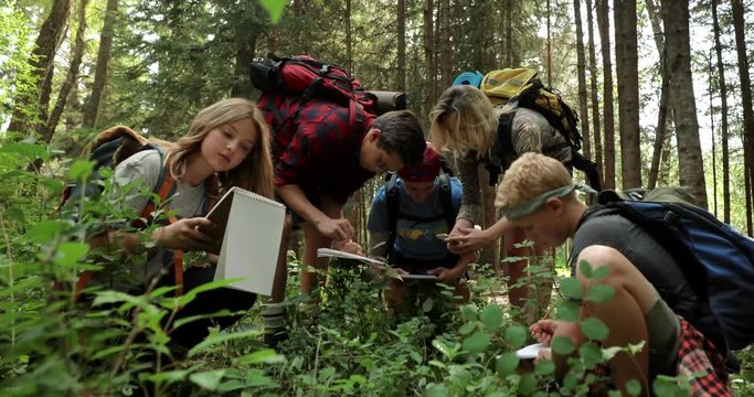 High School Students Backpacking In Woods, Exploring Plants And Taking Notes On Field Trip