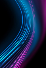 Dark background, blue and pink neon lines. Symmetric reflection of geometric shapes. Rays and lines, abstract light.