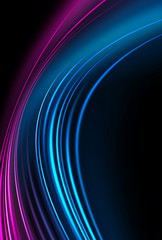 Dark background, blue and pink neon lines. Symmetric reflection of geometric shapes. Rays and lines, abstract light.