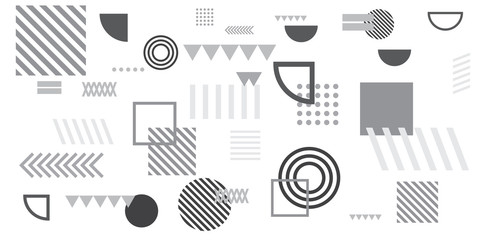 Memphis simple black white greyscale abstract circle line rectangle box arrow cross mountain river pie egypt basic shape background for shirt. Suit for pattern and presentation background.