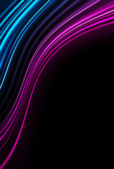 Dark background, blue and pink neon lines. Symmetric reflection of geometric shapes. Rays and lines, abstract light.