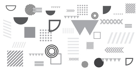Memphis simple black white greyscale abstract circle line rectangle box arrow cross mountain river pie egypt basic shape background for shirt. Suit for pattern and presentation background.