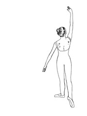 Girl ballerina does exercises, circles fouet. Sketch. Collection of summer dance illustrations. Female beauty and grace. The concept of an active lifestyle and dance art.