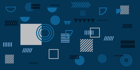 Memphis simple blue abstract circle line rectangle box arrow cross mountain river pie egypt basic shape background for shirt. Suit for pattern and presentation background.