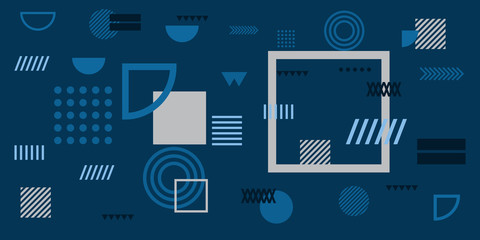 Memphis simple blue abstract circle line rectangle box arrow cross mountain river pie egypt basic shape background for shirt. Suit for pattern and presentation background.