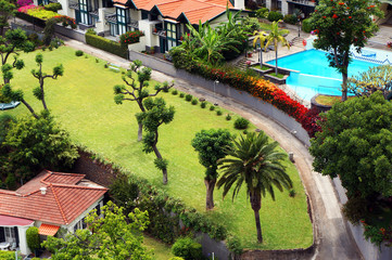 Lawn, tropical trees and houses in Funchal, Madeira.
