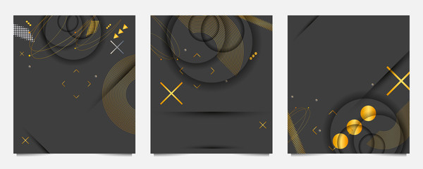 Gold modern geometric trend abstract set sale banner. Gold elements on a gray background composition
