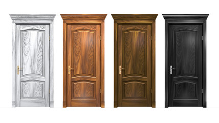 Set of black, brown, gray wooden doors isolated on white. Hard wood vintage doorway with trim, cornice, columns. High resolution 3D rendering of oak entrance with copy space