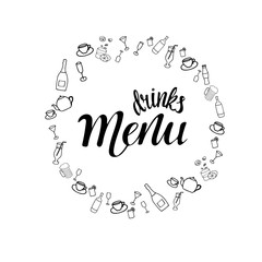 Drinks menu – hand drawing font text for food service place, restaurant, cafe, bar, bistro. Modern calligraphy inscription lettering isolated on white background. EPS10