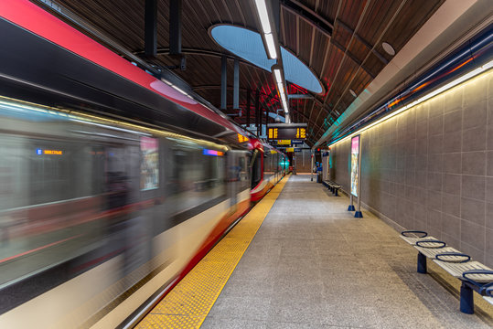 Calgary, Canada - May 26, 2019: C-Train at 69th Street Station in Calgary, Alberta. The C-train is Calgary's main light rail transit vehicle and moves over 300,000 people a day