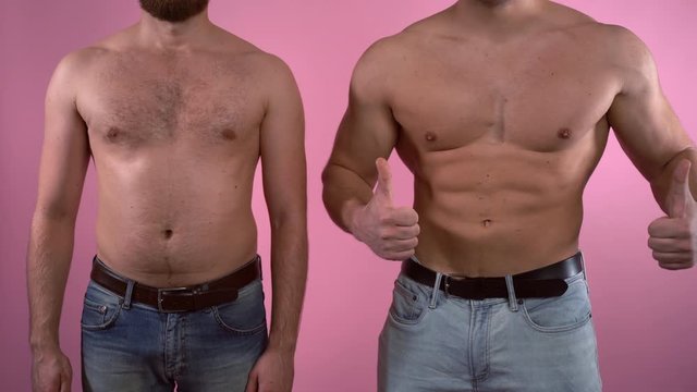 Video motivation for sport training. Fat man with tummy staying on the left, muscular body man staying on the right and demonstrating his perfect torso and showing thumbs up. Reaching goals concept in