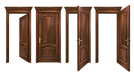 Closed and open brown wooden doors isolated on white. Oak natural hard wood entrance with arched panels, cornice, columns. High resolution 3D rendering of vintage entrance with copy space