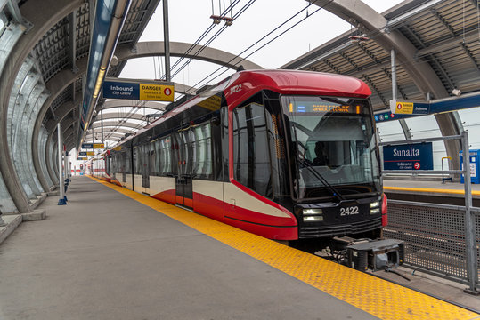 Calgary, Canada - May 26, 2019: C-Train At 69th Street Station In Calgary, Alberta. The C-train Is Calgary's Main Light Rail Transit Vehicle And Moves Over 300,000 People A Day