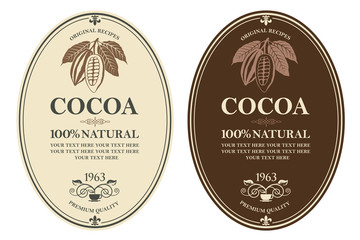collection of labels with cocoa beans, branch and leaves