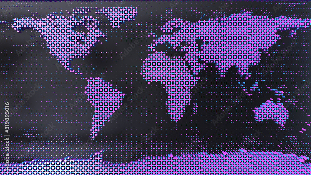 Poster 3d render of the world map with the colorful squares on the black background.