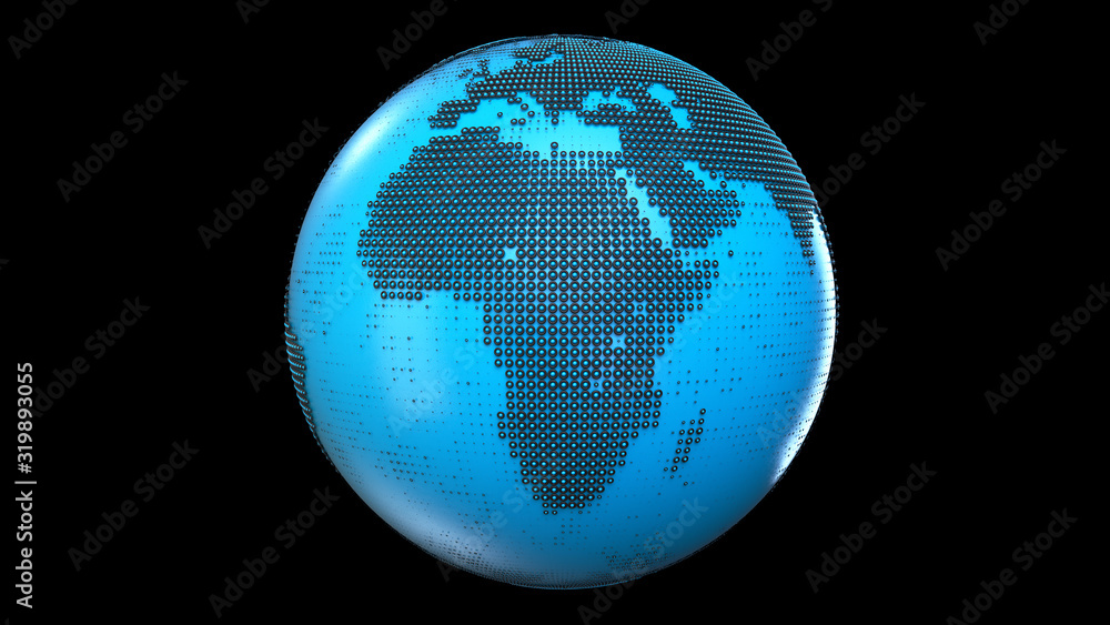 Poster 3d render of the globe with black toruses on the blue sphere. isolated on a black background.