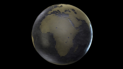 3d render of the globe with gold toruses on the black sphere. Isolated on a black background.