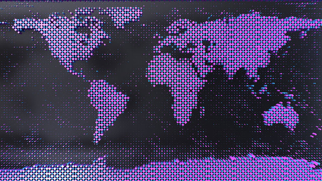 3d render of the world map with the colorful squares on the black background.