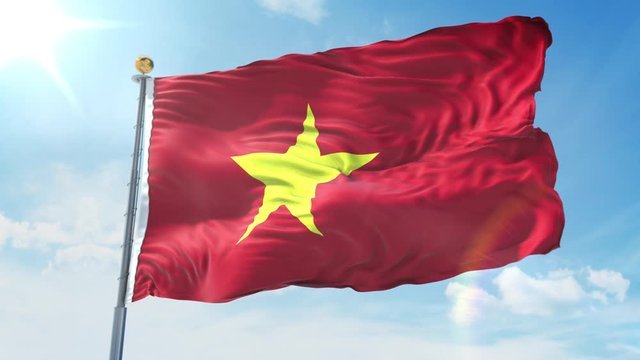 Vietnam flag waving in the wind against deep blue sky. National theme, international concept. 3D Render Seamless Loop 4K