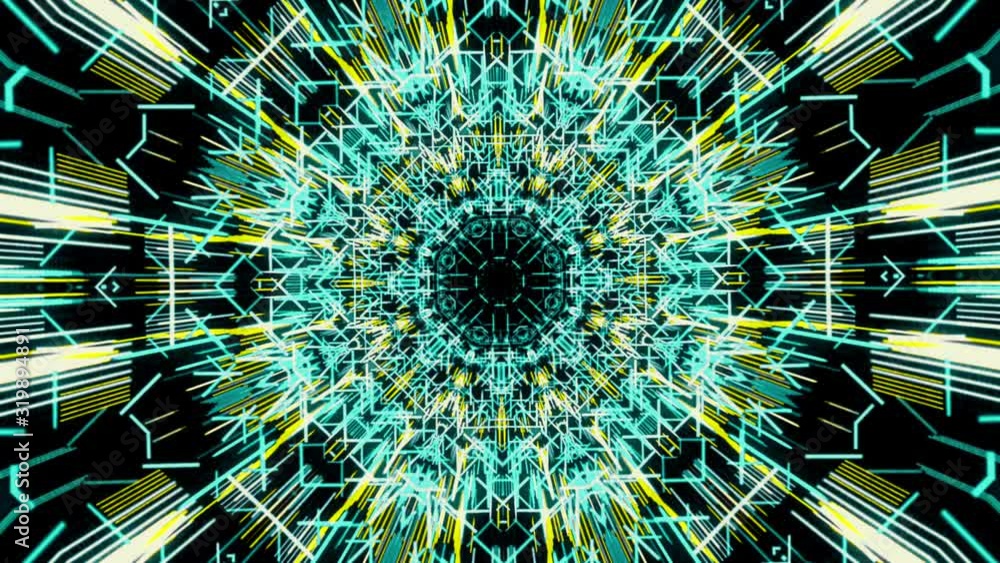 Poster hypnotic abstract animation of holographic tunnel with neon geometric patterns moving slowly on the 