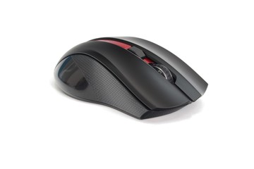 Gaming black computer mouse isolated on white background.