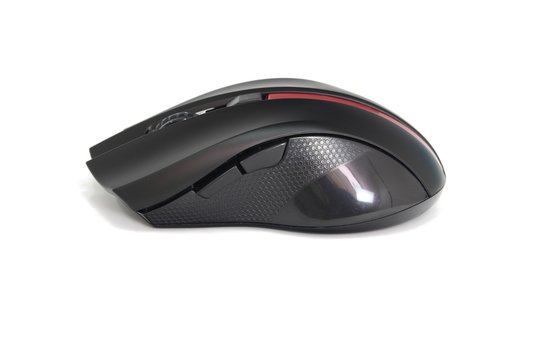 Gaming black computer mouse isolated on white background.