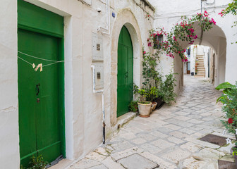 narrow street in old town with green doors in Italy
