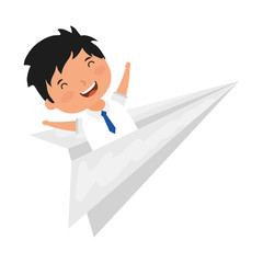 cute little student boy in paper airplane