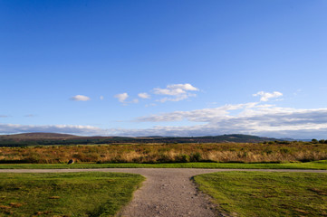 Fototapeta na wymiar Concept of choice,: footpath on a summer day with a blue sky located at Drummossie Moor near Inverness in the Scottish Highlands, the site of the Battle of Culloden in 1746.