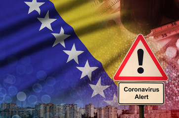 Bosnia and Herzegovina flag and Coronavirus 2019-nCoV alert sign. Concept of high probability of...