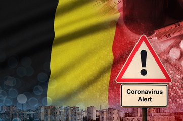 Belgium flag and Coronavirus 2019-nCoV alert sign. Concept of high probability of novel coronavirus...