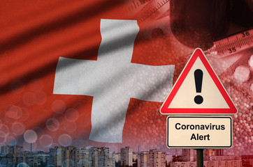 Switzerland flag and Coronavirus 2019-nCoV alert sign. Concept of high probability of novel...