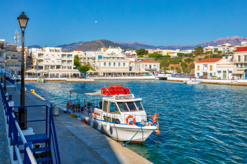 Morning view of Agios Nikolaos marina. Picturesque town of the island Crete, Greece. Image