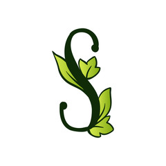 Green Doodling Eco Alphabet Letter S.Type with Leaves. Isolated Latin Uppercase. Typography Bold Spring Letter or Doodle abc Characters for Monogram Words and Logo.