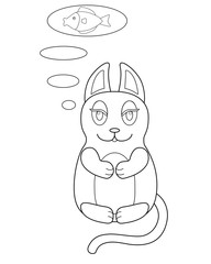 Kitty is meditating or dreaming of a delicious fish. Kitty is sitting in lotus position and is thinking. Vector linear cat coloring for kids in the style of lost kittens. Kitties. Outline. Hand drawin